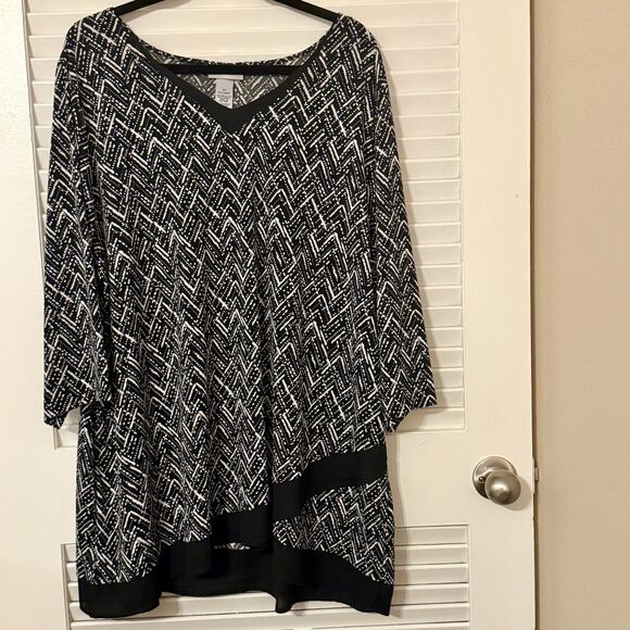 Catherines Black White Geometric Tunic Top Chiffon Hem 3/4 Sleeve Chic Work Wear - Picture 1 of 12